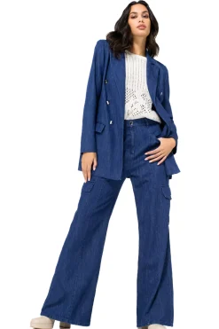 1816-24 / Licht Aansluitende Lange Soepele Jeansblazer Vrouwen Vesten
