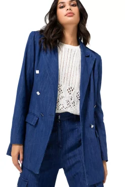 1816-24 / Licht Aansluitende Lange Soepele Jeansblazer Vrouwen Vesten