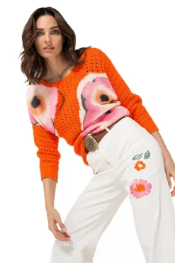 1280-69 / Los Gebreide Lange Pull Met Opdruk Vrouwen Pulls