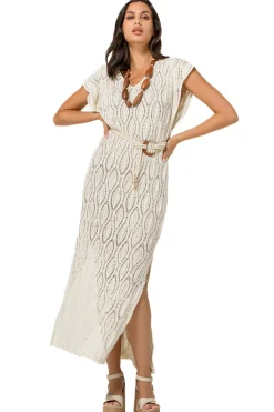 Online 1140-34 / Rechtvallende Midi Jurk In Crochet Vrouwen Jurken