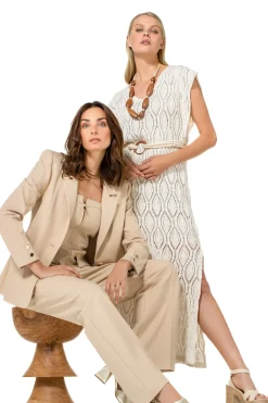 Online 1140-34 / Rechtvallende Midi Jurk In Crochet Vrouwen Jurken